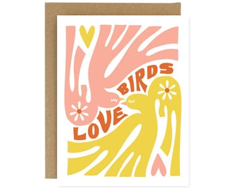 Love Birds 70s inspired wedding, engagement, anniversary card - Screen Printed Folding Celebration and Congrats Card