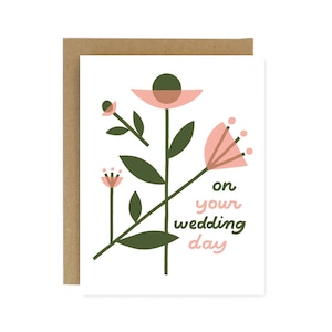 Tarjeta de felicitación y celebración plegable serigrafiada con motivos florales modernos para el día de la boda