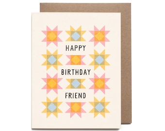 Happy Birthday Friend Quilt Block Pattern Riso Printed Greeting Card