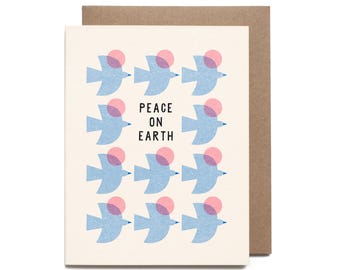 Blue Birds Peaceful Riso Printed Winter Holiday Card
