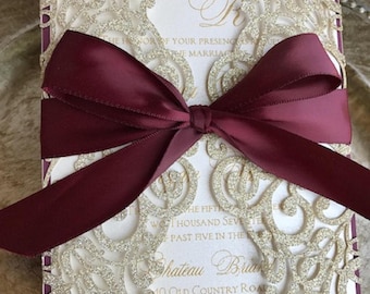 Gold Glitter Laser Cut Wedding Invitation with Burgundy Ribbon (SAMPLE)