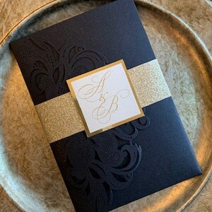 Black and Gold Wedding Invitations, Laser cut wedding invitations, laser cut pocket invitations, black and gold laser cut invitations image 3