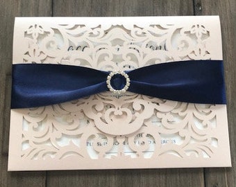 Blush Laser Cut Wedding Invitations, Blush wedding invitations, Blush Pink Invitations, Laser Cut Pocket invitations, Blush and navy invites