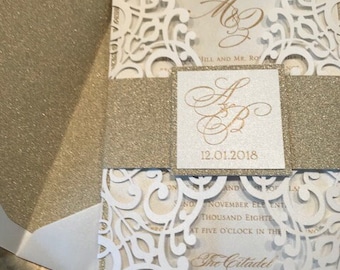 Ivory and Gold Laser Cut Wedding Invitation Set,  laser cut wedding invitations, Ivory and gold wedding invitations, Elegant Wedding SAMPLE