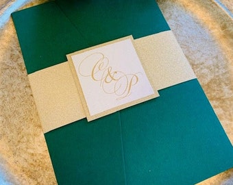 Emerald Green and Gold Pocket Wedding Invitations, Pocket Wedding Invitations, Forest Green Wedding Invitations