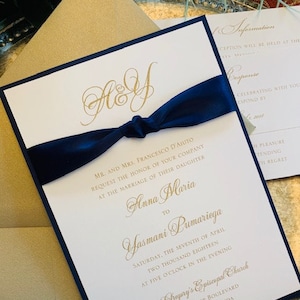 Navy Wedding Invitations, Satin Ribbon Wedding Invitations, Navy and gold wedding invitations, Ivory wedding invitation