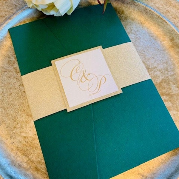 Emerald Green Wedding Invitation Set, Pocket Wedding Invitations, Forest Green Wedding Invitations, Gold wedding invitations, Sample