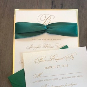 Forest Green Wedding Invitations, Gold Wedding invitations, Ribbon Wedding Invitations, image 1