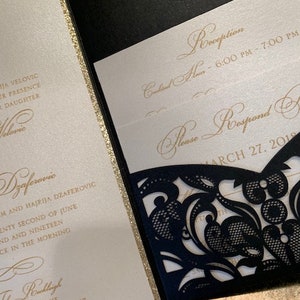 Black and Gold Wedding Invitations, Laser cut wedding invitations, laser cut pocket invitations, black and gold laser cut invitations image 6
