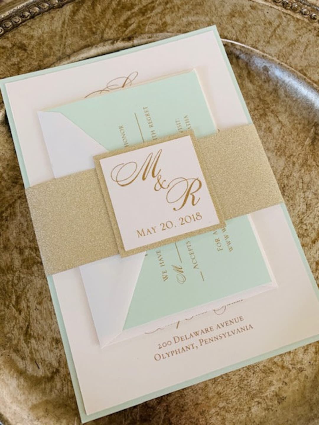 Mint Green Wedding Invitations Mint & Gold Invitations Etsy