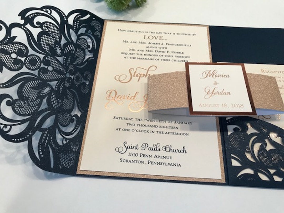 Laser Cut Wedding Invitations, Rose Gold Wedding Invitations, Navy and