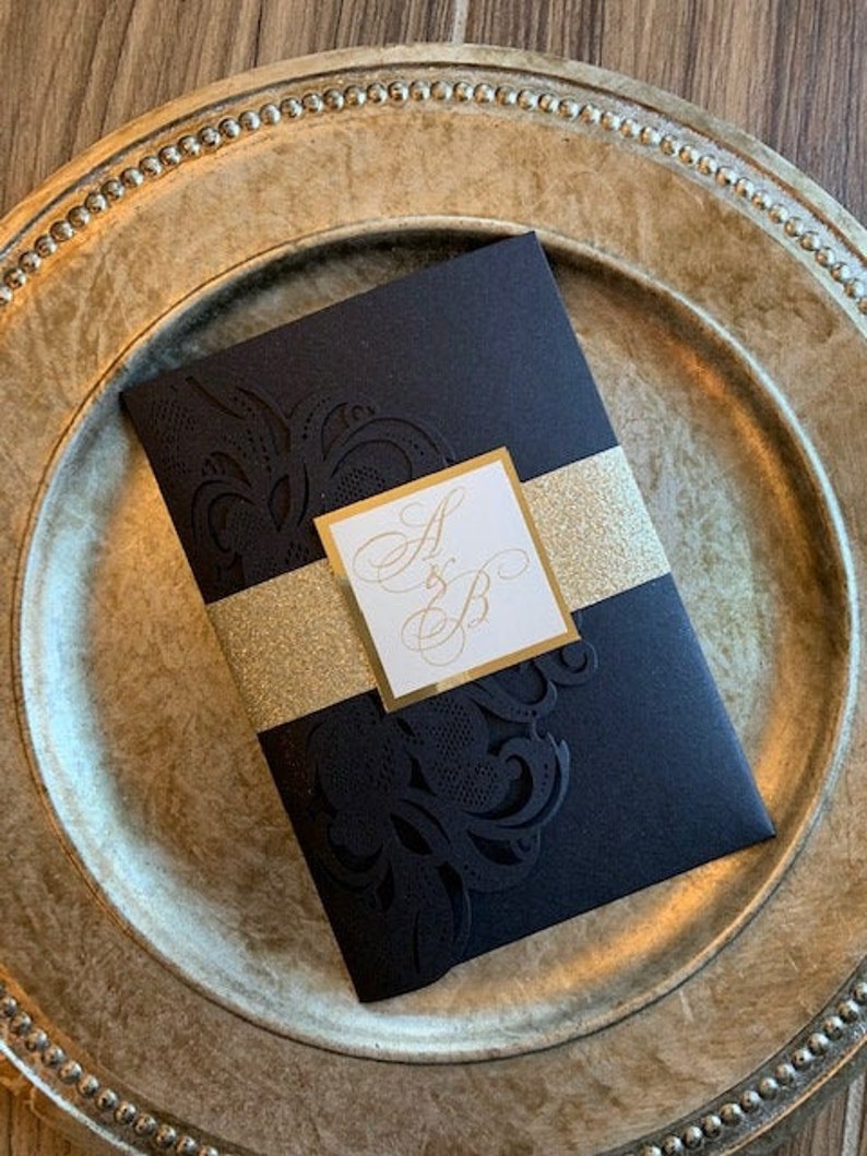 Black and Gold Wedding Invitations, Laser cut wedding invitations, laser cut pocket invitations, black and gold laser cut invitations image 3