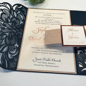 Laser Cut Wedding Invitation Sample: Navy & Rose Gold Glitter Pocket