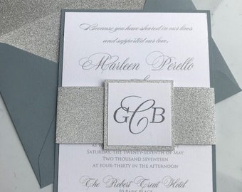 Dusty Blue Wedding Invitations, Dusty Blue Invitations, Silver Glitter Wedding Invitations, Blue wedding invitation, Dusty Blue Wedding