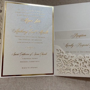 Elegant Ivory and gold Laser Cut Wedding Invitation Set, Laser Cut Pocket Wedding Invitations, Ivory and gold foil wedding invitation set, image 5