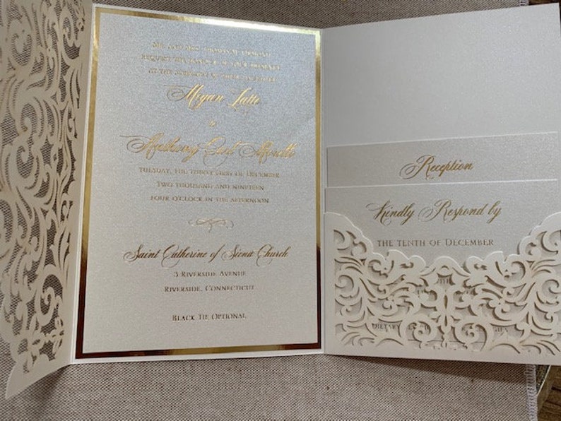 Elegant Ivory and gold Laser Cut Wedding Invitation Set, Laser Cut Pocket Wedding Invitations, Ivory and gold foil wedding invitation set, image 5