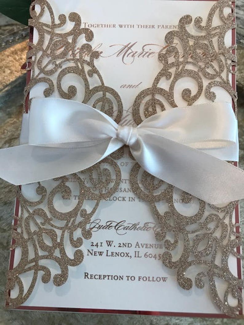 Rose Gold Wedding Invitation Glitter Laser Cut Invitations Etsy