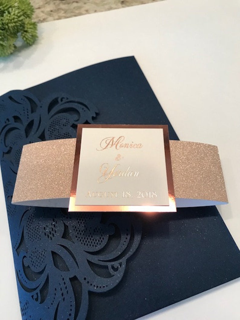 Laser Cut Wedding Invitations Navy and Rose Gold Invitations Etsy