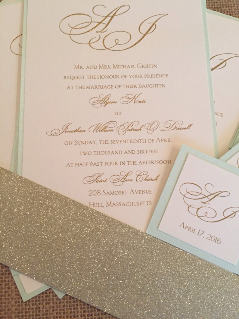 Mint green wedding invitations Mint & Gold Invitations Etsy