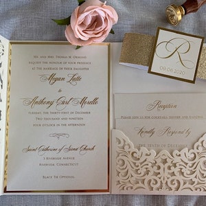 Elegant Ivory and gold Laser Cut Wedding Invitation Set, Laser Cut Pocket Wedding Invitations, Ivory and gold foil wedding invitation set, image 1