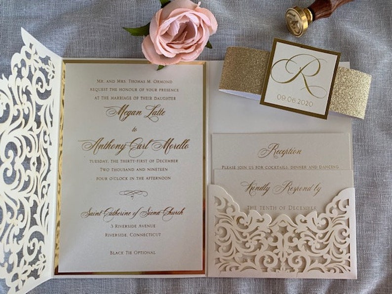 Elegant Ivory and gold Laser Cut Wedding Invitation Set, Laser Cut Pocket Wedding Invitations, Ivory and gold foil wedding invitation set, image 1