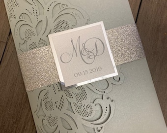 Silver Laser cut pocket wedding invitation set, Silver pocket fold wedding invitations, Laser Cut wedding invitations