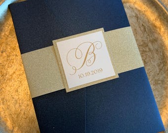 Navy & Gold Glitter Pocket Wedding Invitations