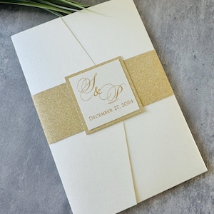 Laser Cut Wedding Invitation Sample: Ivory, Gold Lace, Elegant Belly Band