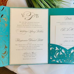 Aqua, Teal or Turquoise Laser Cut Wedding Invitation set with silver glitter in a pocket folder. Aqua Blue Laser Cut Wedding Invitation set image 4