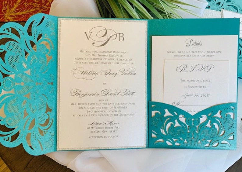 Aqua, Teal or Turquoise Laser Cut Wedding Invitation set with silver glitter in a pocket folder. Aqua Blue Laser Cut Wedding Invitation set image 4