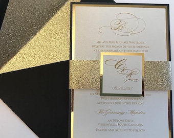 Fancy Black and Gold Wedding Invitation Set, Gold Foil and glitter monogram wedding Invitation suite,  Elegant wedding invitation set SAMPLE
