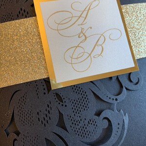 Black and Gold Wedding Invitations, Laser cut wedding invitations, laser cut pocket invitations, black and gold laser cut invitations image 4