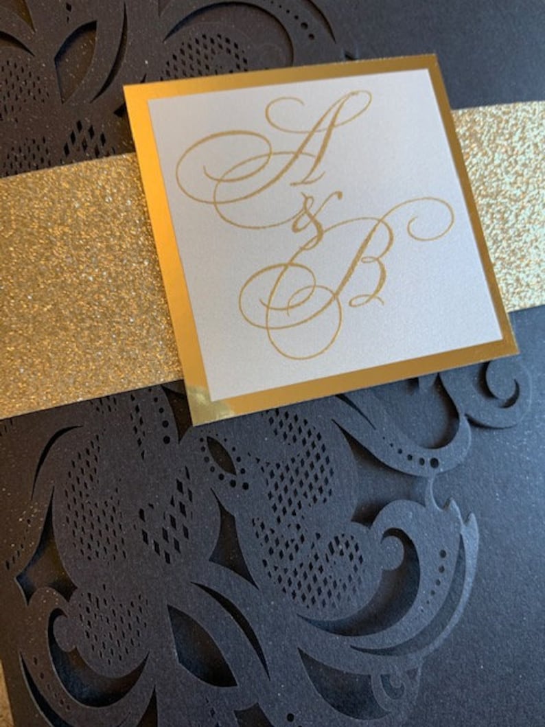 Black and Gold Wedding Invitations, Laser cut wedding invitations, laser cut pocket invitations, black and gold laser cut invitations image 4