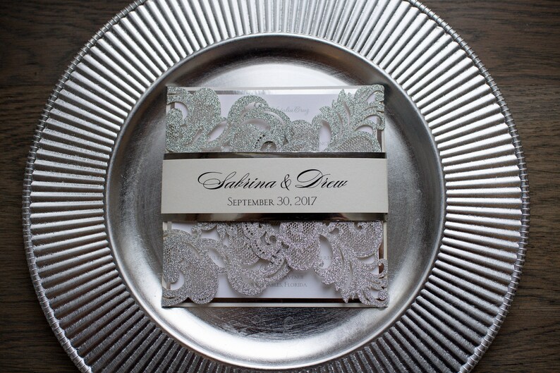 Glitter Wedding Invitations Laser Cut Invitations Silver Etsy