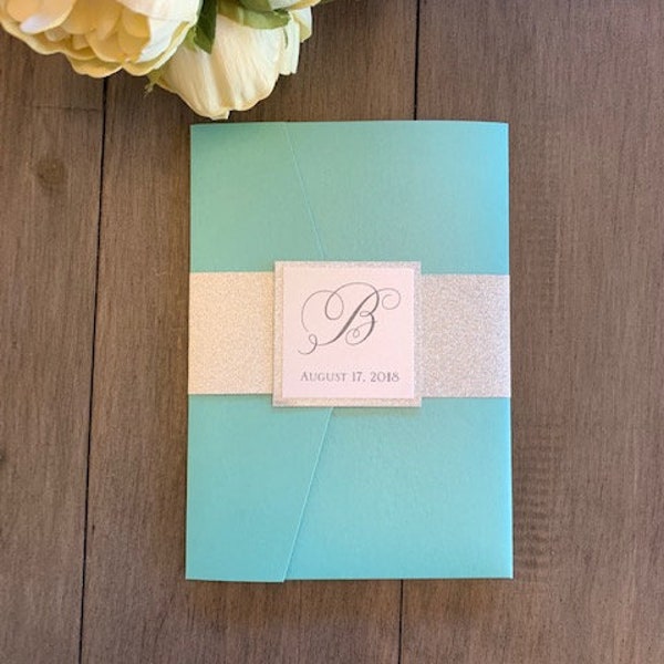 Aqua, Teal or Turquoise Wedding Invitation set with silver glitter in a pocket folder. Teal Wedding Invitation, Turquoise Invites, sparkle