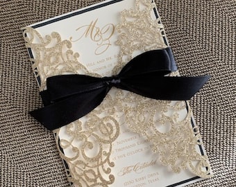 Black & Gold Glitter Laser Cut Wedding Invitation Suite