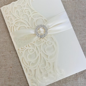 Elegant Ivory Laser Cut Wedding Invitation with Satin Ribbon & Rhinestone Buckle - Ornate Invitation set Custom Wedding Invitation SAMPLE