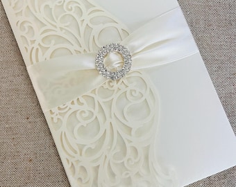 Elegant Ivory Laser Cut Wedding Invitation with Satin Ribbon & Rhinestone Buckle - Ornate Invitation set Custom Wedding Invitation SAMPLE