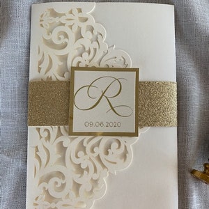 Elegant Ivory and gold Laser Cut Wedding Invitation Set, Laser Cut Pocket Wedding Invitations, Ivory and gold foil wedding invitation set, image 3