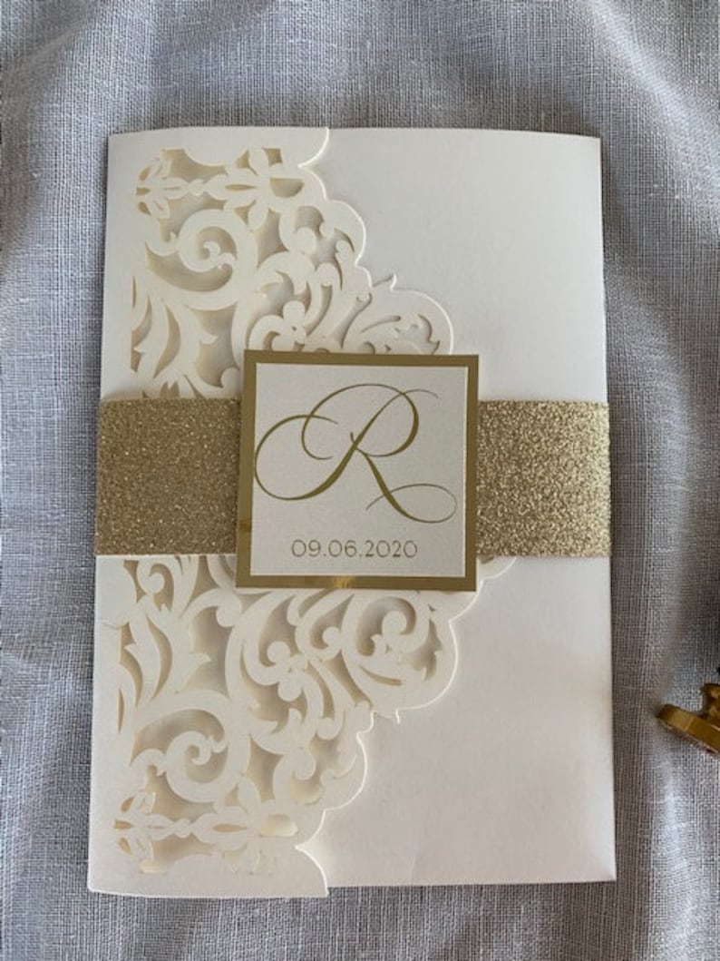 Elegant Ivory and gold Laser Cut Wedding Invitation Set, Laser Cut Pocket Wedding Invitations, Ivory and gold foil wedding invitation set, image 3