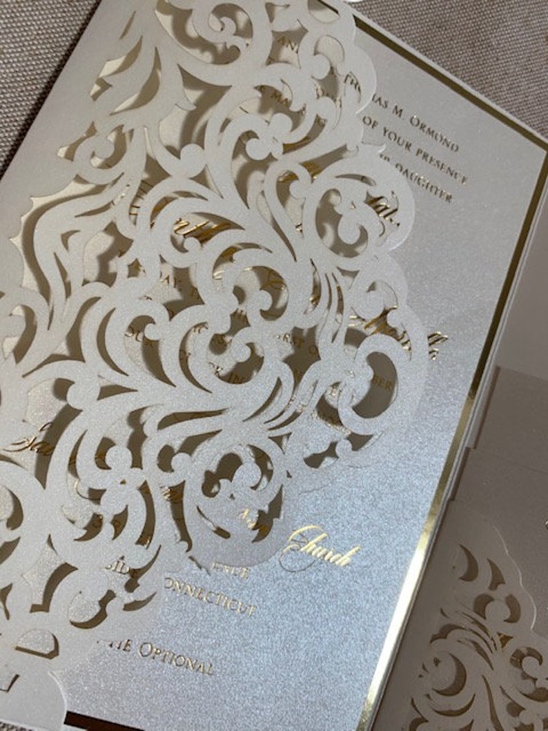 Elegant Ivory and gold Laser Cut Wedding Invitation Set, Laser Cut Pocket Wedding Invitations, Ivory and gold foil wedding invitation set, image 10