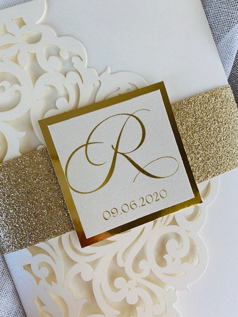 Elegant Ivory and gold Laser Cut Wedding Invitation Set, Laser Cut Pocket Wedding Invitations, Ivory and gold foil wedding invitation set, image 2