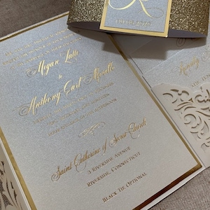 Elegant Ivory and gold Laser Cut Wedding Invitation Set, Laser Cut Pocket Wedding Invitations, Ivory and gold foil wedding invitation set, image 8