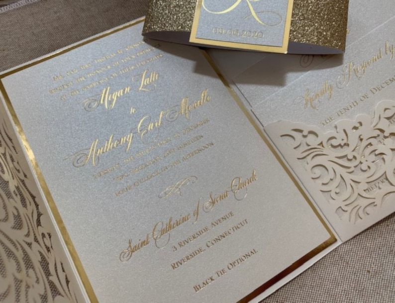 Elegant Ivory and gold Laser Cut Wedding Invitation Set, Laser Cut Pocket Wedding Invitations, Ivory and gold foil wedding invitation set, image 8