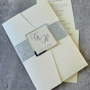 Lace Ivory Laser Cut Pocket Wedding Invitation: Silver Glitter Sample