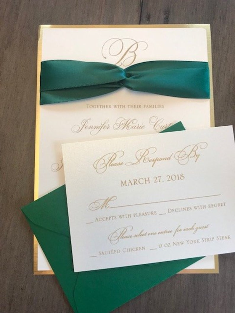 Forest Green Wedding Invitations, Gold Wedding invitations, Ribbon Wedding Invitations, image 1