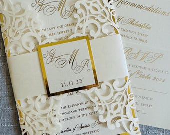 Lace Wedding Invitation Ivory Elegant Gold Wedding Invite Handmade Laser cut Invitation Vintage Glam Wedding Monogram Wedding card SAMPLE