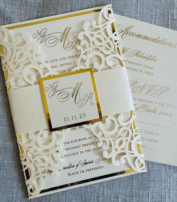 Lace Wedding Invitation Ivory Elegant Gold Wedding Invite Handmade Laser cut Invitation Vintage Glam Wedding Monogram Wedding card SAMPLE