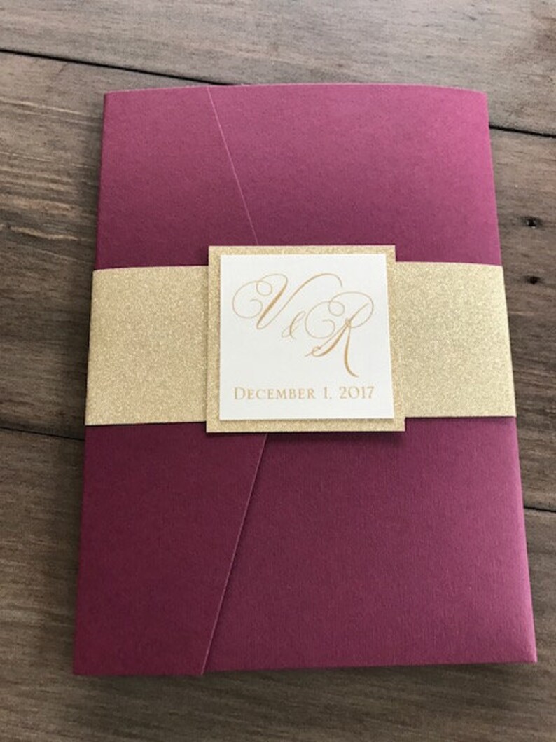 Burgundy Wedding Invitation Burgundy and Gold Glitter Pocket | Etsy