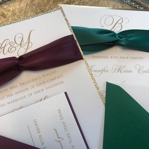 Forest Green Wedding Invitations, Gold Wedding invitations, Ribbon Wedding Invitations, image 2